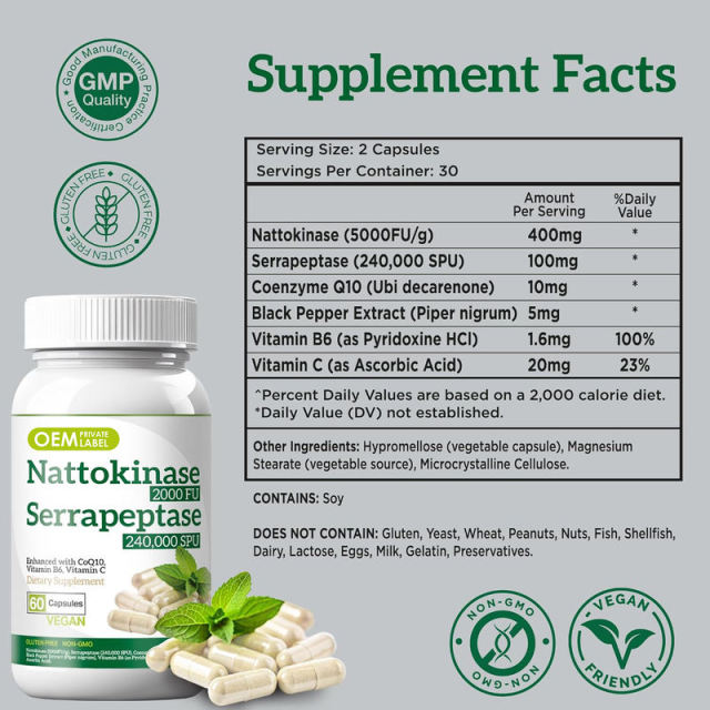 OEM Factory Nattokinase Serrapeptase Capsules 2000FU Nattokinase 240000SPU Serrapeptase With CoQ10 10mg Vitamin B6 1.6mg Vitamin C 20mg Black Pepper Extract Cardiovascular Support Healthy Enzymes Vegan 60 Capsules,MY SHOP,OEM Factory Nattokinase Serrapeptase Capsules 2000FU Nattokinase 240000SPU Serrapeptase With CoQ10 10mg Vitamin B6 1.6mg Vitamin C 20mg Black Pepper Extract Cardiovascular Support Healthy Enzymes Vegan 60 Capsules