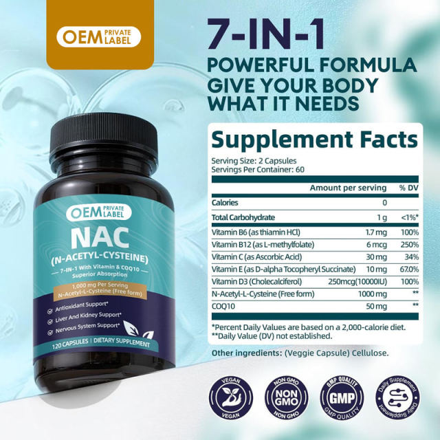OEM Factory NAC 7-in-1 Capsules N-Acetyl-L-Cysteine 1000mg Free Form With CoQ10 50mg Vitamin C 30mg Vitamin E 10mg Vitamin D3 10000IU Vitamin B6 1.7mg B12 6mcg Antioxidant Liver Kidney Brain Nerve Immune Respiratory Support 120 Capsules,MY SHOP,OEM Factory NAC 7-in-1 Capsules N-Acetyl-L-Cysteine 1000mg Free Form With CoQ10 50mg Vitamin C 30mg Vitamin E 10mg Vitamin D3 10000IU Vitamin B6 1.7mg B12 6mcg Antioxidant Liver Kidney Brain Nerve Immune Respiratory Support 120 Capsules