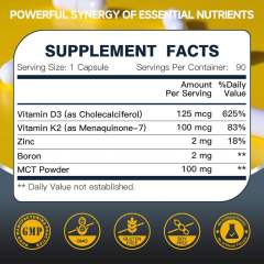 OEM Factory Vitamin D3 K2 Capsules 5000IU D3 100mcg K2 MK-7 With Zinc 2mg Boron 2mg MCT Powder 100mg Supports Bone Health Heart Health Calcium Absorption Mineral Utilization Energy Recovery 90 Capsules,MY SHOP,OEM Factory Vitamin D3 K2 Capsules 5000IU D3 100mcg K2 MK-7 With Zinc 2mg Boron 2mg MCT Powder 100mg Supports Bone Health Heart Health Calcium Absorption Mineral Utilization Energy Recovery 90 Capsules