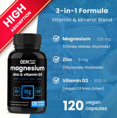 OEM Factory Magnesium Zinc Vitamin D3 Capsules 225mg Elemental Magnesium 8mg Zinc 25mcg Vegan D3 3-in-1 Formula High Absorption Citrate Malate Glycinate Supports Heart Muscle Bone Nerve Immune Brain Health 120 Vegan Capsules,MY SHOP,OEM Factory Magnesium Zinc Vitamin D3 Capsules 225mg Elemental Magnesium 8mg Zinc 25mcg Vegan D3 3-in-1 Formula High Absorption Citrate Malate Glycinate Supports Heart Muscle Bone Nerve Immune Brain Health 120 Vegan Capsules