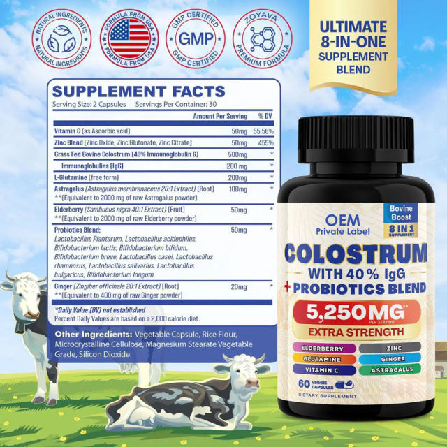 OEM Factory Private Label Bovine Colostrum 8-in-1 Capsules 500mg Colostrum 40% IgG Plus Probiotics L-Glutamine Elderberry Zinc Vitamin C Astragalus Ginger Immune Gut Health Support 60 Veggie Capsules,MY SHOP,OEM Factory Private Label Bovine Colostrum 8-in-1 Capsules 500mg Colostrum 40% IgG Plus Probiotics L-Glutamine Elderberry Zinc Vitamin C Astragalus Ginger Immune Gut Health Support 60 Veggie Capsules