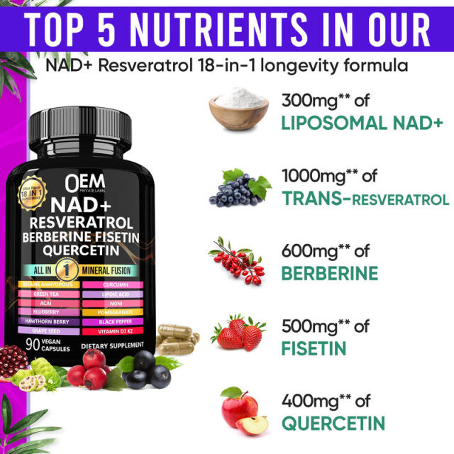 One-Stop OEM Service NAD+ Resveratrol Longevity Formula 18-in-1 with Liposomal NAD+ Trans-Resveratrol Berberine Fisetin Quercetin Betaine Grape Seed Green Tea Lipoic Acid Acai Noni Blueberry Pomegranate Hawthorn Vitamin D3 K2 90 Capsules,MY SHOP,One-Stop OEM Service NAD+ Resveratrol Longevity Formula 18-in-1 with Liposomal NAD+ Trans-Resveratrol Berberine Fisetin Quercetin Betaine Grape Seed Green Tea Lipoic Acid Acai Noni Blueberry Pomegranate Hawthorn Vitamin D3 K2 90 Capsules