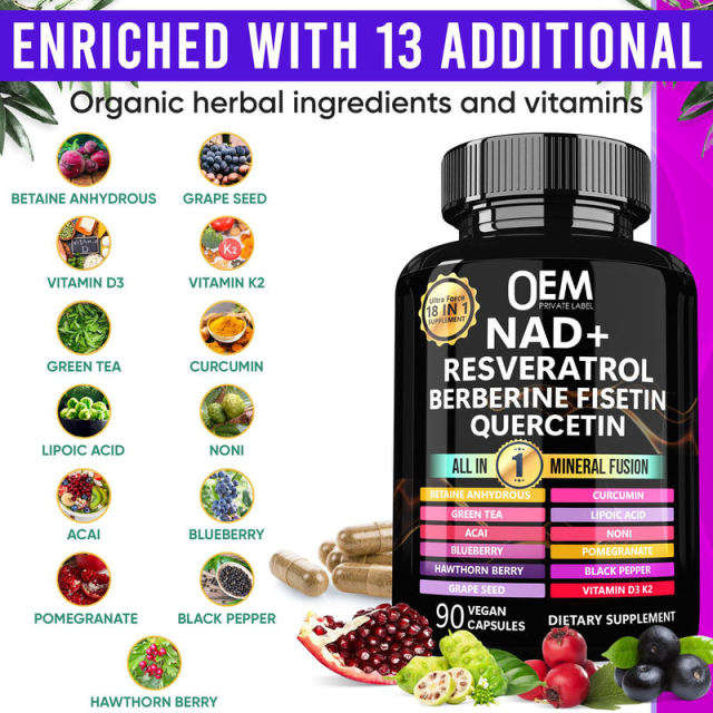 One-Stop OEM Service NAD+ Resveratrol Longevity Formula 18-in-1 with Liposomal NAD+ Trans-Resveratrol Berberine Fisetin Quercetin Betaine Grape Seed Green Tea Lipoic Acid Acai Noni Blueberry Pomegranate Hawthorn Vitamin D3 K2 90 Capsules,MY SHOP,One-Stop OEM Service NAD+ Resveratrol Longevity Formula 18-in-1 with Liposomal NAD+ Trans-Resveratrol Berberine Fisetin Quercetin Betaine Grape Seed Green Tea Lipoic Acid Acai Noni Blueberry Pomegranate Hawthorn Vitamin D3 K2 90 Capsules
