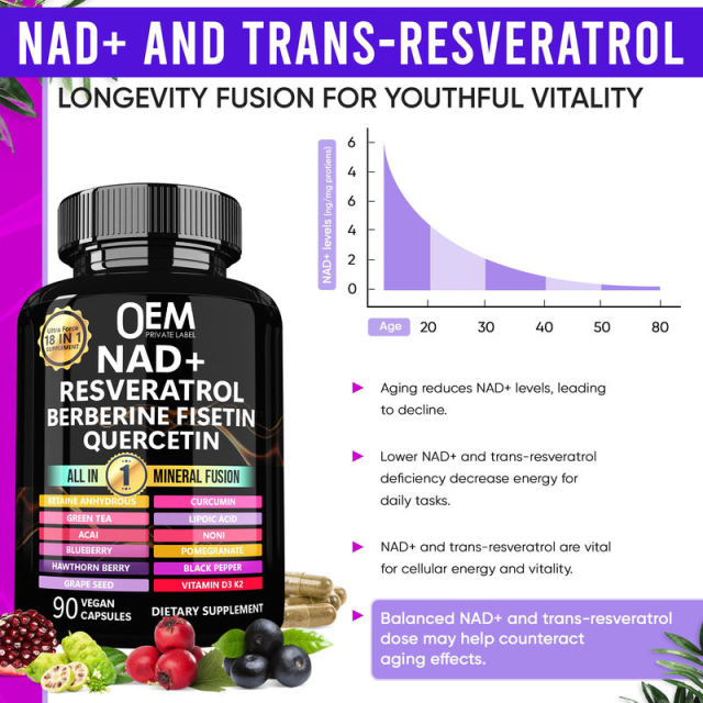 One-Stop OEM Service NAD+ Resveratrol Longevity Formula 18-in-1 with Liposomal NAD+ Trans-Resveratrol Berberine Fisetin Quercetin Betaine Grape Seed Green Tea Lipoic Acid Acai Noni Blueberry Pomegranate Hawthorn Vitamin D3 K2 90 Capsules,MY SHOP,One-Stop OEM Service NAD+ Resveratrol Longevity Formula 18-in-1 with Liposomal NAD+ Trans-Resveratrol Berberine Fisetin Quercetin Betaine Grape Seed Green Tea Lipoic Acid Acai Noni Blueberry Pomegranate Hawthorn Vitamin D3 K2 90 Capsules