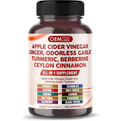 OEM Factory Private Label All-in-1 Apple Cider Vinegar Capsules With Ginger Odorless Garlic Turmeric Berberine Ceylon Cinnamon Vitamin C D3 Cayenne Milk Thistle Banaba Licorice Holy Basil Fenugreek Blueberry Black Pepper 150 Capsules,MY SHOP,All-in-1 Apple Cider Vinegar Capsules