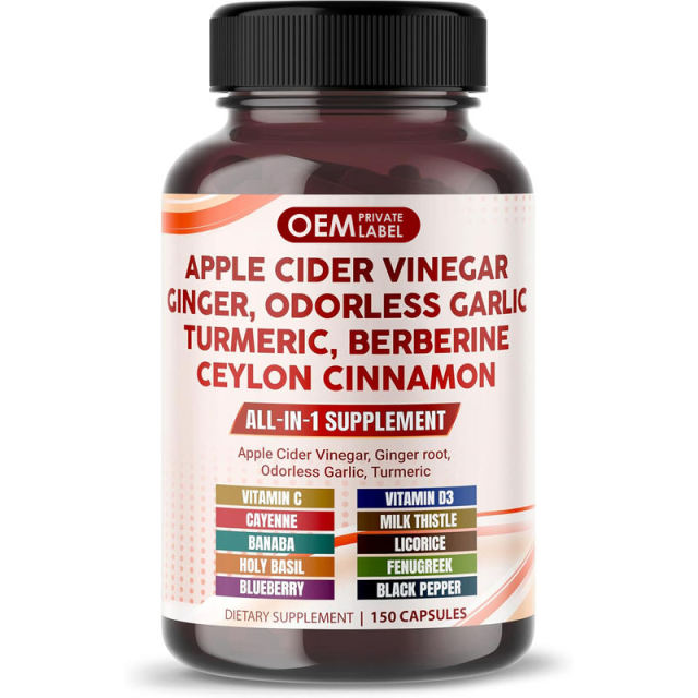 OEM Factory Private Label All-in-1 Apple Cider Vinegar Capsules With Ginger Odorless Garlic Turmeric Berberine Ceylon Cinnamon Vitamin C D3 Cayenne Milk Thistle Banaba Licorice Holy Basil Fenugreek Blueberry Black Pepper 150 Capsules,MY SHOP,All-in-1 Apple Cider Vinegar Capsules
