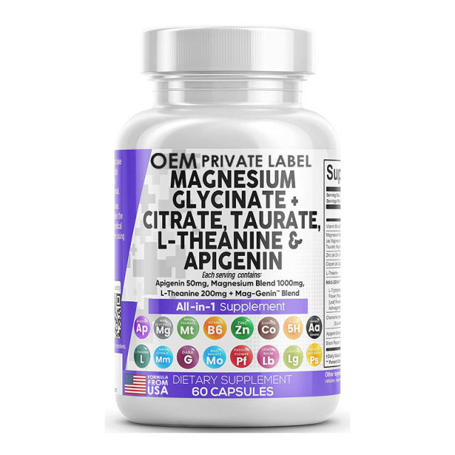 GMP Certified OEM Magnesium Complex With Apigenin L-Theanine 1000mg Magnesium Glycinate Citrate Taurate 200mg L-Theanine 50mg Apigenin Vitamin B6 Zinc Copper GABA 5-HTP Glycine Phosphatidylcholine Passion Flower Lemon Balm 60 Capsules,MY SHOP,GMP Certified OEM Magnesium Complex With Apigenin L-Theanine 1000mg Magnesium Glycinate Citrate Taurate 200mg L-Theanine 50mg Apigenin Vitamin B6 Zinc Copper GABA 5-HTP Glycine Phosphatidylcholine Passion Flower Lemon Balm 60 Capsules