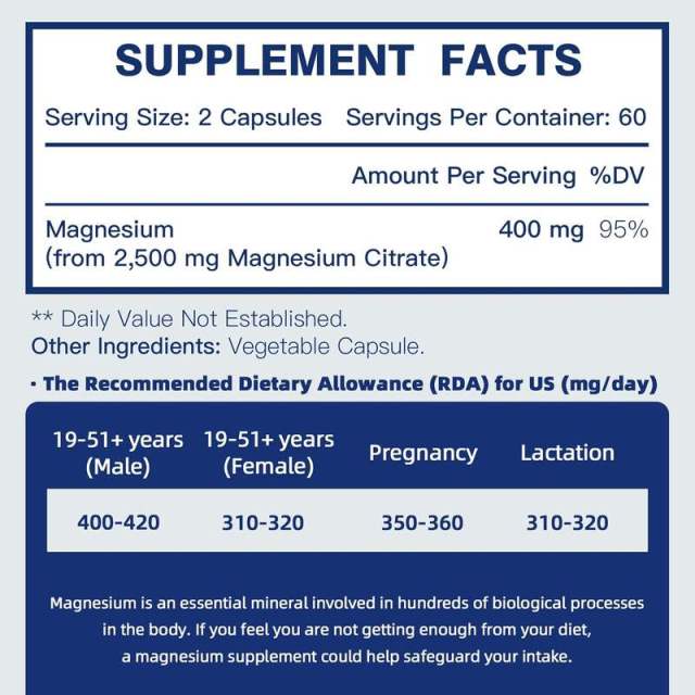 OEM Factory Private Label Magnesium Citrate Capsules 400mg Elemental Magnesium From 2,500mg Magnesium Citrate High Absorption Bioavailability Energy Production Bone Nerve Muscle Support Digestion Regularity 120 Veggie Capsules,MY SHOP,OEM Factory Private Label Magnesium Citrate Capsules 400mg Elemental Magnesium From 2,500mg Magnesium Citrate High Absorption Bioavailability Energy Production Bone Nerve Muscle Support Digestion Regularity 120 Veggie Capsules