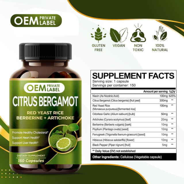 OEM Factory Private Label Citrus Bergamot Capsules With Red Yeast Rice Berberine Artichoke Niacin Odorless Garlic Psyllium Fenugreek Hibiscus Black Pepper Promote Healthy Cholesterol Heart Health Liver Support 150 Capsules,MY SHOP,OEM Factory Private Label Citrus Bergamot Capsules With Red Yeast Rice Berberine Artichoke Niacin Odorless Garlic Psyllium Fenugreek Hibiscus Black Pepper Promote Healthy Cholesterol Heart Health Liver Support 150 Capsules