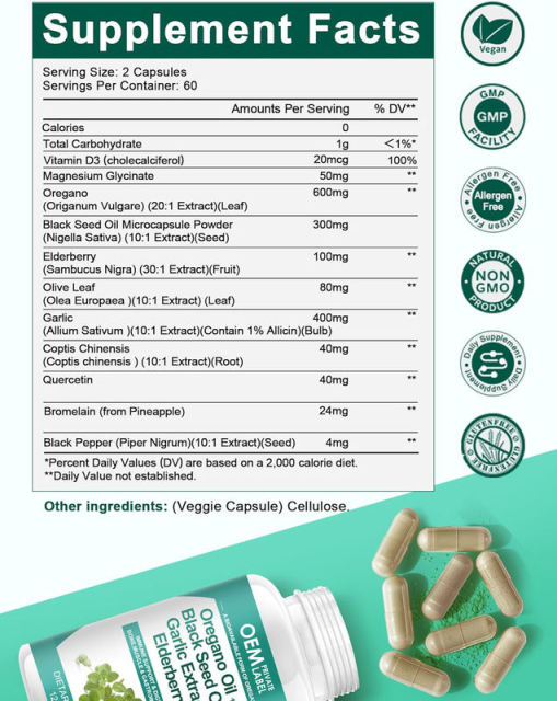 OEM Factory Private Label Oregano Oil Capsules 600mg With Black Seed Oil 300mg Garlic Extract 400mg Elderberry 100mg Vitamin D3 Magnesium Glycinate Olive Leaf Coptis Quercetin Bromelain Black Pepper Immune Support 120 Capsules,MY SHOP,OEM Factory Private Label Oregano Oil Capsules 600mg With Black Seed Oil 300mg Garlic Extract 400mg Elderberry 100mg Vitamin D3 Magnesium Glycinate Olive Leaf Coptis Quercetin Bromelain Black Pepper Immune Support 120 Capsules
