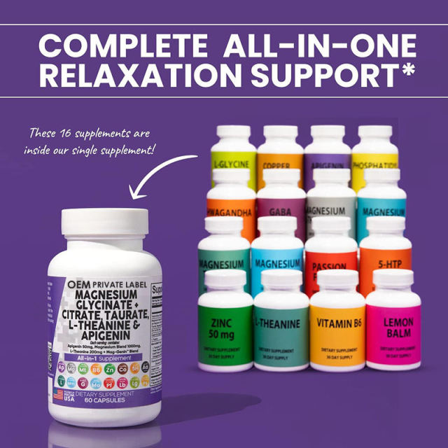 GMP Certified OEM Magnesium Complex With Apigenin L-Theanine 1000mg Magnesium Glycinate Citrate Taurate 200mg L-Theanine 50mg Apigenin Vitamin B6 Zinc Copper GABA 5-HTP Glycine Phosphatidylcholine Passion Flower Lemon Balm 60 Capsules,MY SHOP,GMP Certified OEM Magnesium Complex With Apigenin L-Theanine 1000mg Magnesium Glycinate Citrate Taurate 200mg L-Theanine 50mg Apigenin Vitamin B6 Zinc Copper GABA 5-HTP Glycine Phosphatidylcholine Passion Flower Lemon Balm 60 Capsules