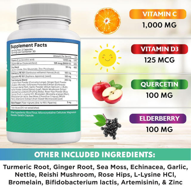 OEM Factory Private Label All-in-1 Immune Blend Capsules Vitamin C 1000mg D3 5000IU Zinc 50mg Elderberry Quercetin Turmeric Ginger Echinacea Garlic Reishi Sea Moss Bromelain L-Lysine Artemisinin Black Pepper 60 Capsules,MY SHOP,OEM Factory Private Label All-in-1 Immune Blend Capsules Vitamin C 1000mg D3 5000IU Zinc 50mg Elderberry Quercetin Turmeric Ginger Echinacea Garlic Reishi Sea Moss Bromelain L-Lysine Artemisinin Black Pepper 60 Capsules
