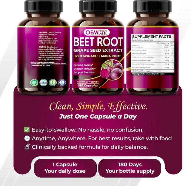 OEM Factory Private Label Beet Root Capsules 7-in-1 Formula With Grape Seed Extract Red Spinach Maca Root Ashwagandha Vitamin D3 Black Pepper Supports Energy Immunity Stamina Nitric Oxide 180 Capsules,MY SHOP,OEM Factory Private Label Beet Root Capsules 7-in-1 Formula With Grape Seed Extract Red Spinach Maca Root Ashwagandha Vitamin D3 Black Pepper Supports Energy Immunity Stamina Nitric Oxide 180 Capsules