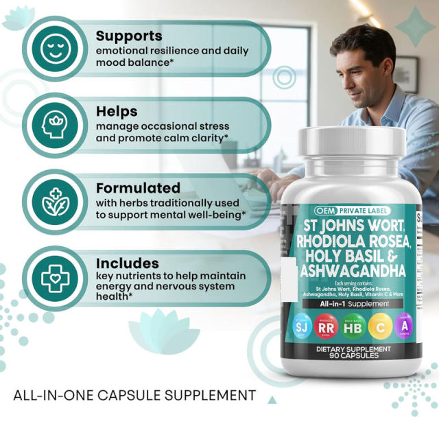 OEM Factory Private Label St John's Wort Rhodiola Capsules 1000mg St John's Wort 10:1 1000mg Rhodiola 20:1 200mg Ashwagandha 30:1 100mg Holy Basil 30:1 Vitamin C 45mg Iron 4mg Black Pepper 5mg Mood Stress Energy Support 90 Capsules,MY SHOP,OEM Factory Private Label St John's Wort Rhodiola Capsules 1000mg St John's Wort 10:1 1000mg Rhodiola 20:1 200mg Ashwagandha 30:1 100mg Holy Basil 30:1 Vitamin C 45mg Iron 4mg Black Pepper 5mg Mood Stress Energy Support 90 Capsules