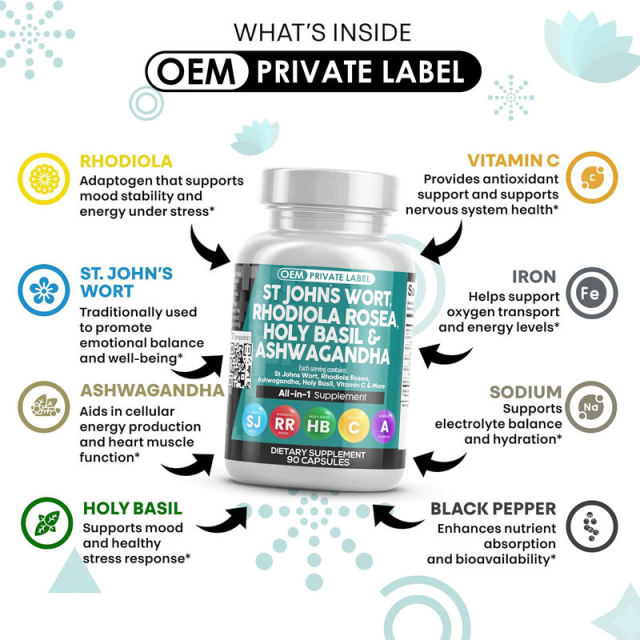 OEM Factory Private Label St John's Wort Rhodiola Capsules 1000mg St John's Wort 10:1 1000mg Rhodiola 20:1 200mg Ashwagandha 30:1 100mg Holy Basil 30:1 Vitamin C 45mg Iron 4mg Black Pepper 5mg Mood Stress Energy Support 90 Capsules,MY SHOP,OEM Factory Private Label St John's Wort Rhodiola Capsules 1000mg St John's Wort 10:1 1000mg Rhodiola 20:1 200mg Ashwagandha 30:1 100mg Holy Basil 30:1 Vitamin C 45mg Iron 4mg Black Pepper 5mg Mood Stress Energy Support 90 Capsules