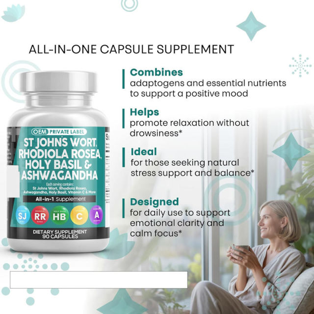 OEM Factory Private Label St John's Wort Rhodiola Capsules 1000mg St John's Wort 10:1 1000mg Rhodiola 20:1 200mg Ashwagandha 30:1 100mg Holy Basil 30:1 Vitamin C 45mg Iron 4mg Black Pepper 5mg Mood Stress Energy Support 90 Capsules,MY SHOP,OEM Factory Private Label St John's Wort Rhodiola Capsules 1000mg St John's Wort 10:1 1000mg Rhodiola 20:1 200mg Ashwagandha 30:1 100mg Holy Basil 30:1 Vitamin C 45mg Iron 4mg Black Pepper 5mg Mood Stress Energy Support 90 Capsules