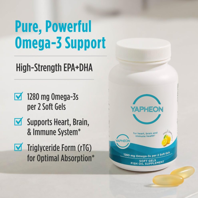 YAPHEON Omega-3 Fish Oil 1280mg (rTG Triglyceride Form) - 180 Soft Gels, Lemon Flavor,MY SHOP,