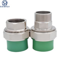 Detailed view of PPR union fitting with precision brass thread insert