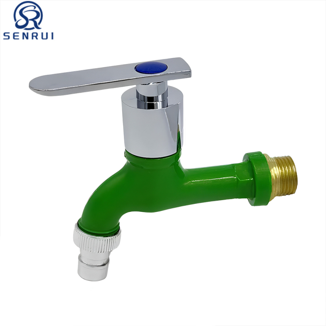 Green plastic bibcock faucet for garden irrigation and water supply