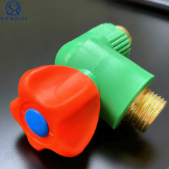 Close-up view of PPR angle valve with threaded brass connection