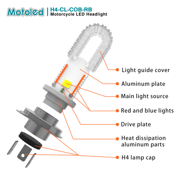 Motoled H4 COB Red Blue Flash Led Headlight Bulb for Motorcycle