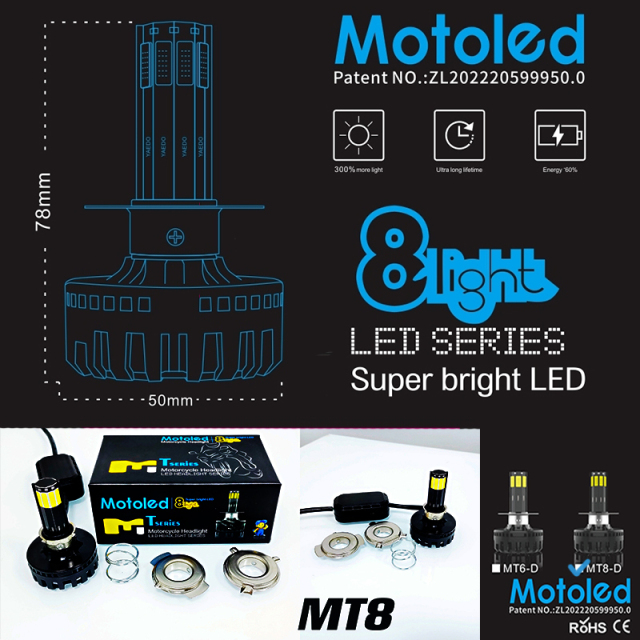 Motoled DC 8V-80V 80W 8000lm 8 Side Emitting COB Motorcycle Led Headlight