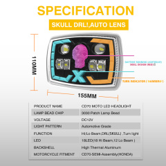 مصباح أمامي LED شبه مُجمّع للدراجة النارية CD70، عدسة إسقاط على شكل جمجمة DRL