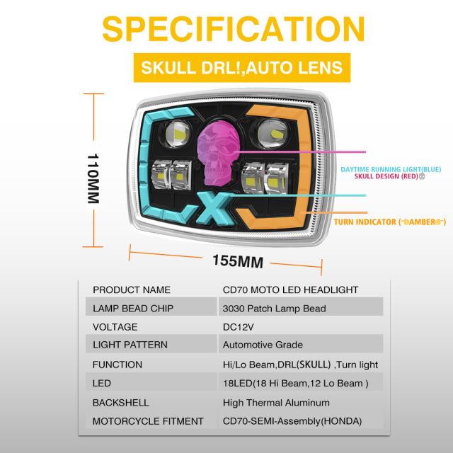 مصباح أمامي LED شبه مُجمّع للدراجة النارية CD70، عدسة إسقاط على شكل جمجمة DRL