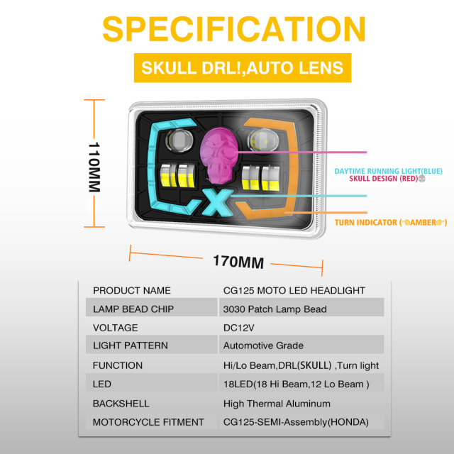 مصباح أمامي LED شبه مُجمّع للدراجات النارية CG125 مقاس 6*4 بوصة مع مصباح نهاري على شكل جمجمة
