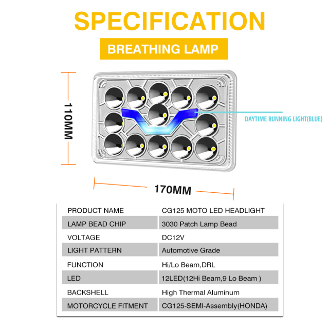CG125 6*4 inch Motorcycle Semi-Assembly Led Headlight with Water DRL Lamp