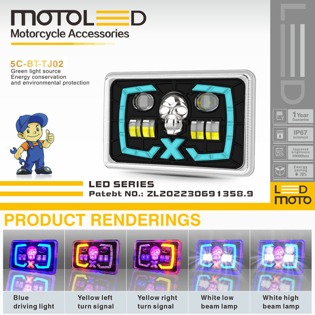 مصباح أمامي LED شبه مُجمّع للدراجات النارية CG125 مقاس 6*4 بوصة مع مصباح نهاري على شكل جمجمة