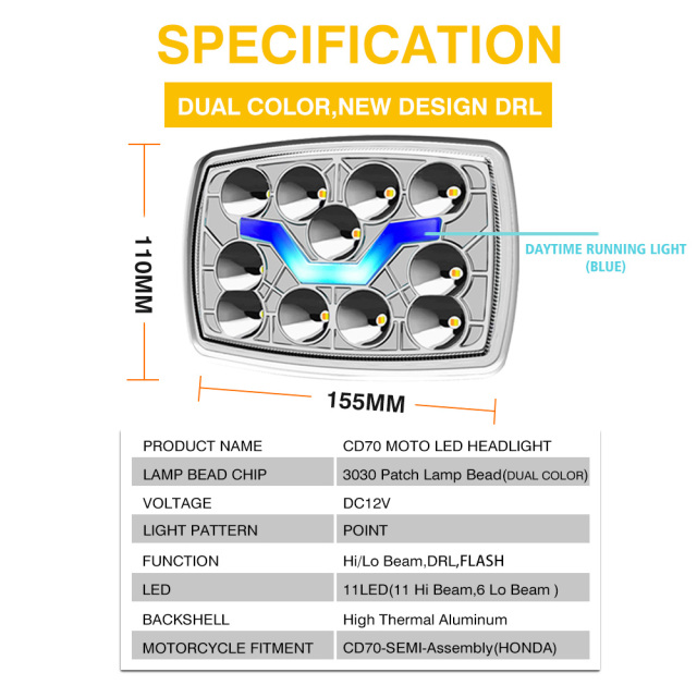 مصباح أمامي LED شبه مُجمّع للدراجة النارية CD70، مصباح ماء، مصباح نهاري