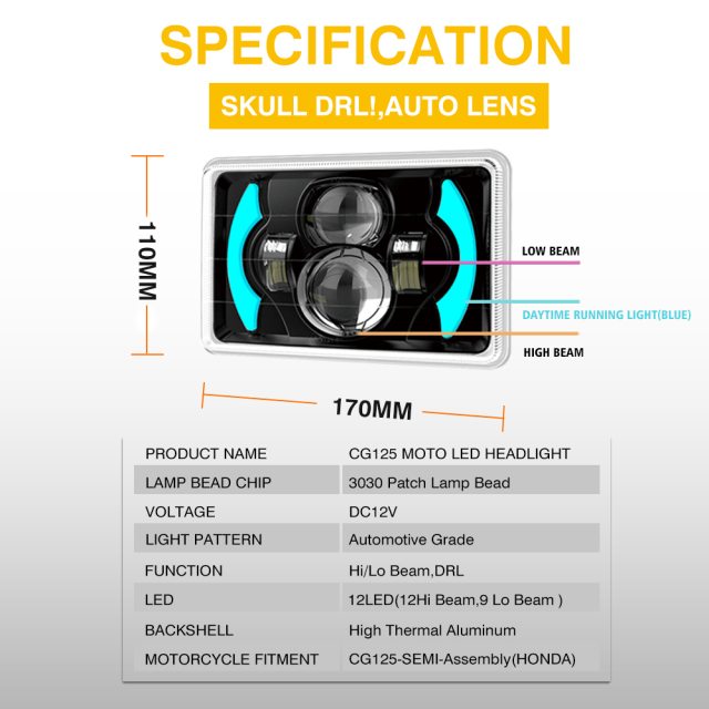 مصباح أمامي LED شبه مُجمّع للدراجات النارية CG125 مقاس 6*4 بوصة مع عدسة بروجكتور