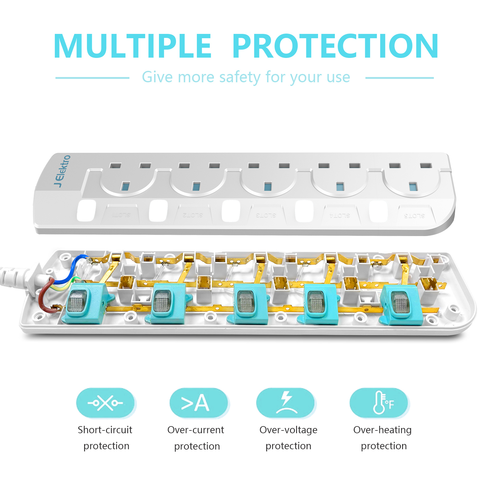 Slim Wall Mount Power Strip with 3M Extension Lead Widely Spaced AC Sockets, Multi Outlet Extension Lead for Home Entertainment Center