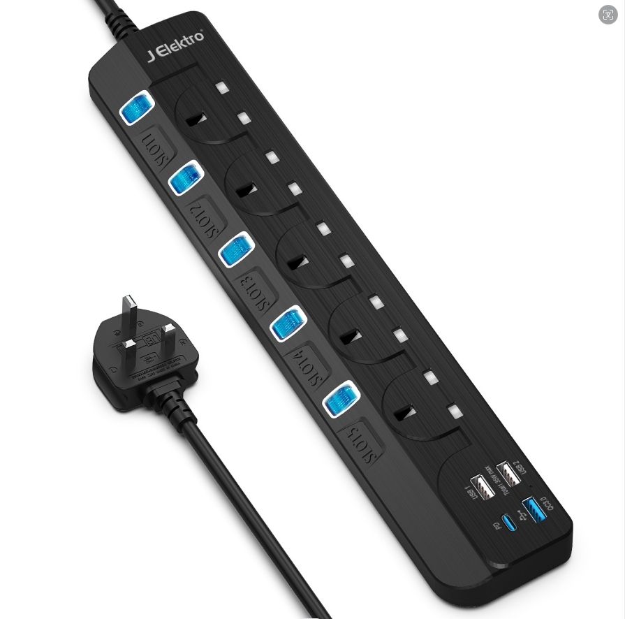 J Elektro 35W PD Output, 35W 5 Gang Extension Lead with USB Slots, Power Strip, Black
