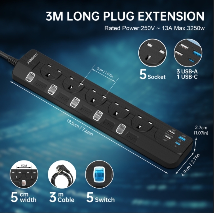 J Elektro 35W PD Output, 35W 5 Gang Extension Lead with USB Slots, Power Strip, Black