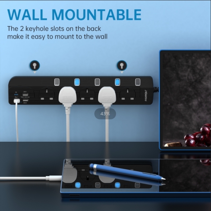 J Elektro 35W PD Output, 35W 5 Gang Extension Lead with USB Slots, Power Strip, Black