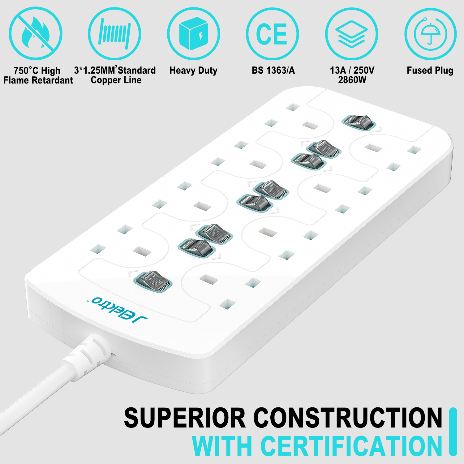 8 Gang Wall Mount Power Strip with 3M Extension Lead Widely Spaced AC Sockets, Multi Outlet Extension Lead for Home Entertainment Center