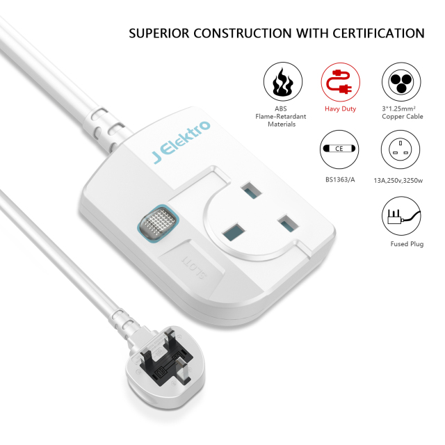 1 Gang Wall Mount Power Strip with 3M Extension Lead Widely Spaced AC Sockets, Multi Outlet Extension Lead for Home Entertainment Center