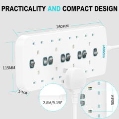 8 Gang Wall Mount Power Strip with 3M Extension Lead Widely Spaced AC Sockets, Multi Outlet Extension Lead for Home Entertainment Center