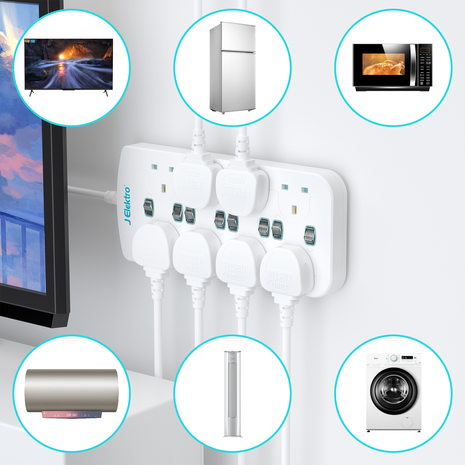 8 Gang Wall Mount Power Strip with 3M Extension Lead Widely Spaced AC Sockets, Multi Outlet Extension Lead for Home Entertainment Center
