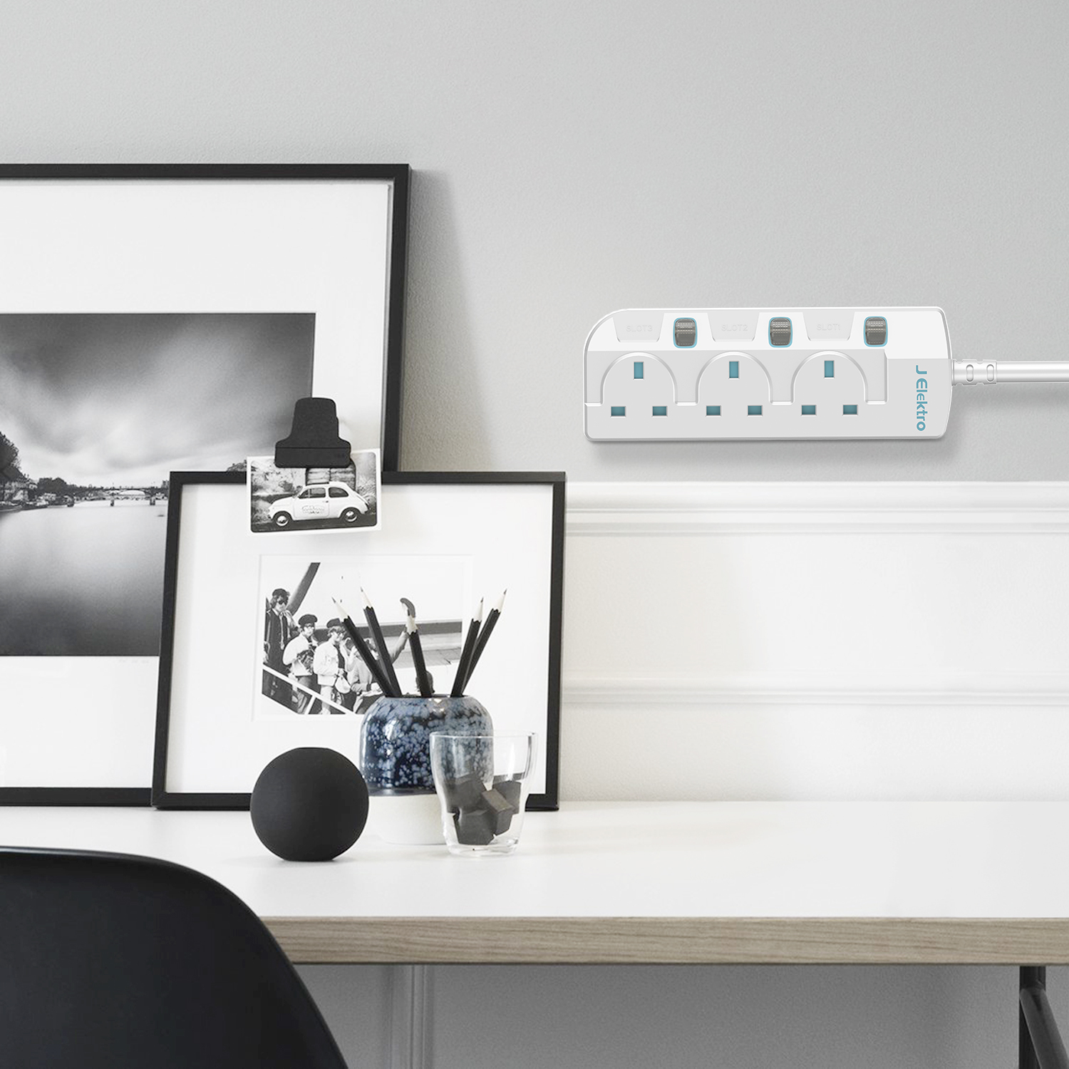 3 Gang Wall Mount Power Strip with 3M Extension Lead Widely Spaced AC Sockets, Multi Outlet Extension Lead for Home Entertainment Center