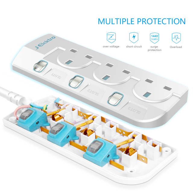 3 Gang Wall Mount Power Strip with 3M Extension Lead Widely Spaced AC Sockets, Multi Outlet Extension Lead for Home Entertainment Center