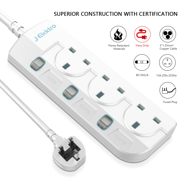 3 Gang Wall Mount Power Strip with 3M Extension Lead Widely Spaced AC Sockets, Multi Outlet Extension Lead for Home Entertainment Center