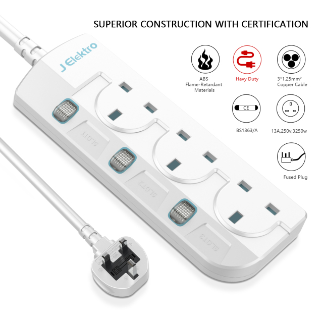 3 Gang Wall Mount Power Strip with 3M Extension Lead Widely Spaced AC Sockets, Multi Outlet Extension Lead for Home Entertainment Center