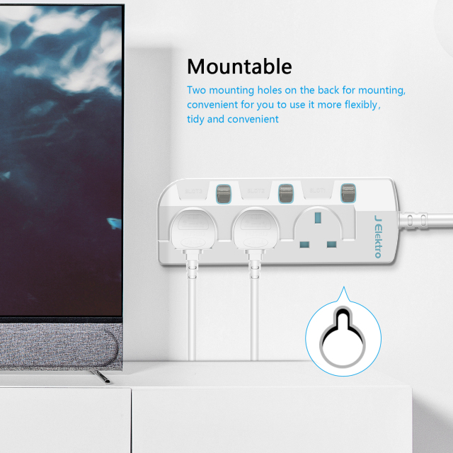 3 Gang Wall Mount Power Strip with 3M Extension Lead Widely Spaced AC Sockets, Multi Outlet Extension Lead for Home Entertainment Center