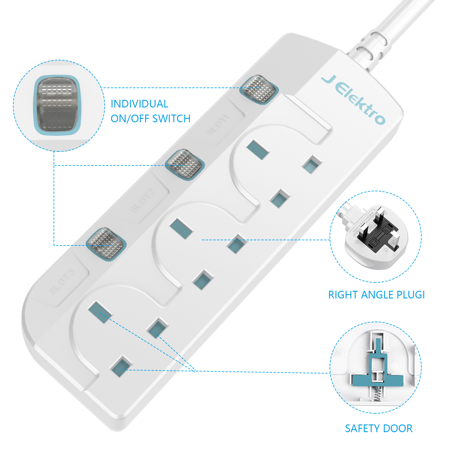 3 Gang Wall Mount Power Strip with 3M Extension Lead Widely Spaced AC Sockets, Multi Outlet Extension Lead for Home Entertainment Center
