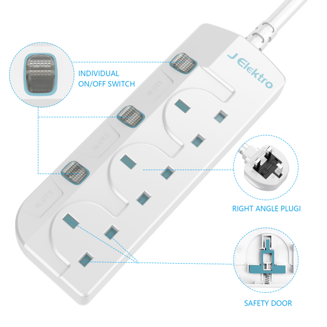 3 Gang Wall Mount Power Strip with 3M Extension Lead Widely Spaced AC Sockets, Multi Outlet Extension Lead for Home Entertainment Center