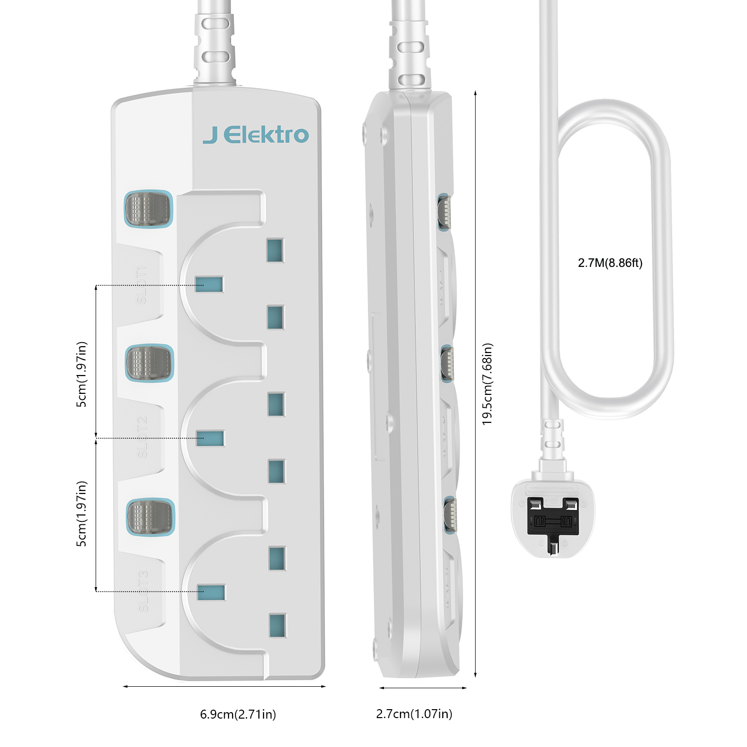 3 Gang Wall Mount Power Strip with 3M Extension Lead Widely Spaced AC Sockets, Multi Outlet Extension Lead for Home Entertainment Center