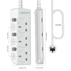 3 Gang Wall Mount Power Strip with 3M Extension Lead Widely Spaced AC Sockets, Multi Outlet Extension Lead for Home Entertainment Center